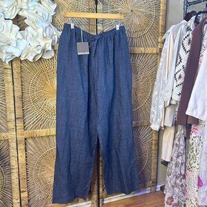 Eskandar NEW Drawstring Trouser Navy Blue Two-Toned Striated Linen Pant Size 2